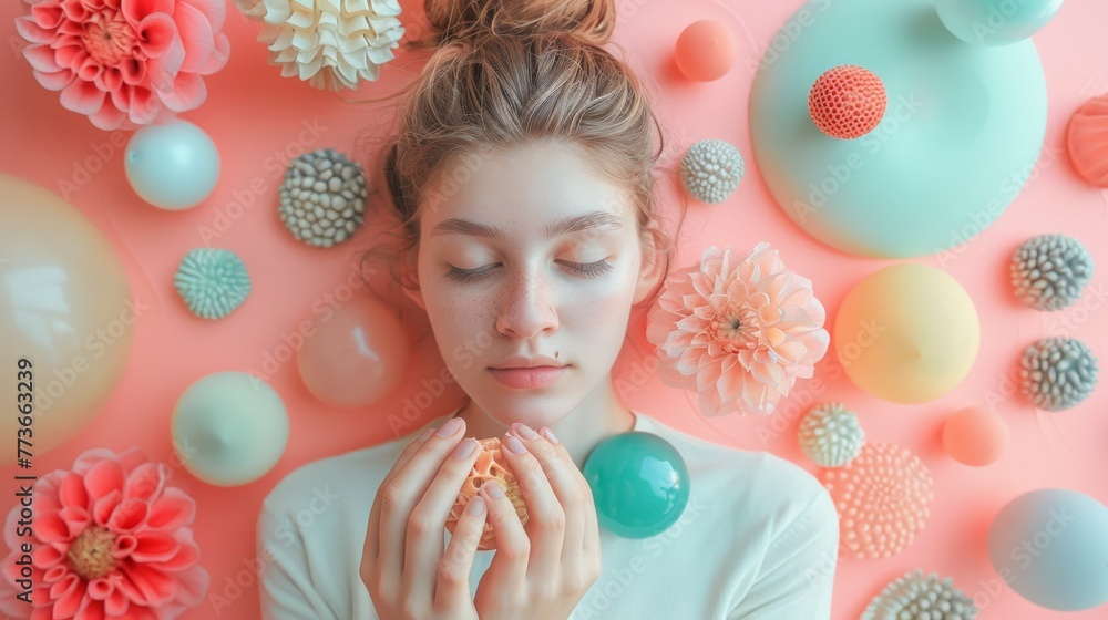 Fototapeta premium A young woman's tranquil expression amongst a surreal arrangement of flowers and pastel orbs, evoking a sense of serene beauty and balance