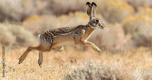 Antelope Jackrabbit, ears large for cooling, in mid-leap, agile and swift. 
