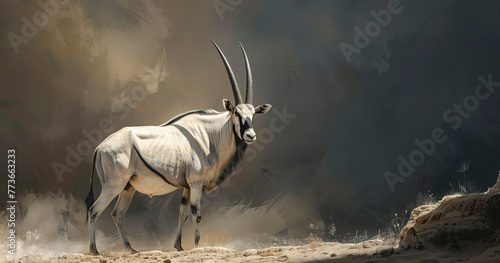 Oryx with elegant horns, standing resilient, adapted to scarcity.  photo