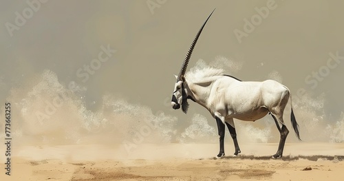 Oryx with elegant horns, standing resilient, adapted to scarcity. 