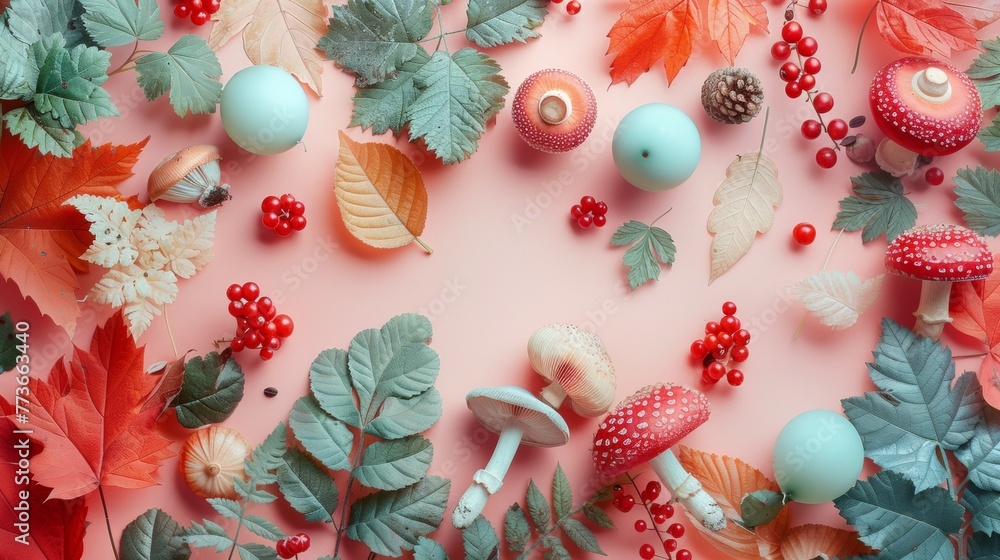 Obraz premium Zoomer's collage displaying an array of autumnal leaves, mushrooms, and berries, a celebration of foraged forest textures on a pastel canvas