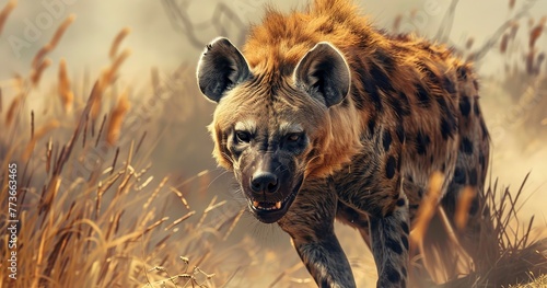 Hyena, eyes cunning, adapted to both hunt and scavenge in arid lands. 