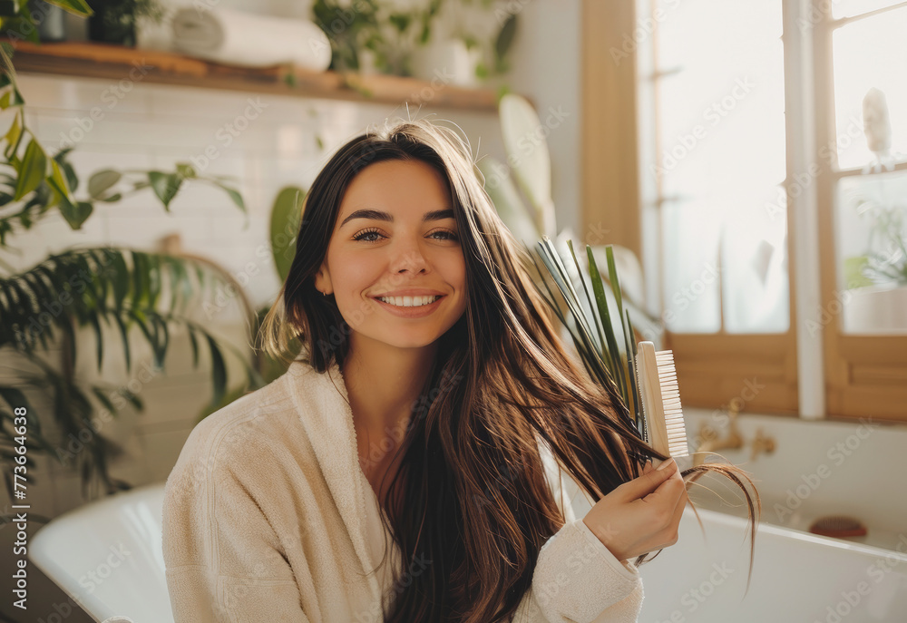 Fototapeta premium Happy woman in bathrobe sitting on edge of bathtub, using hair brush to clean long straight dark brown hair and smiling at camera