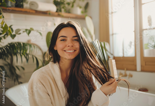 Happy woman in bathrobe sitting on edge of bathtub, using hair brush to clean long straight dark brown hair and smiling at camera