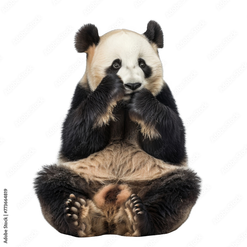 Fototapeta premium Giant Panda sitting and holding his paws to the mouth, looking at camera on white background