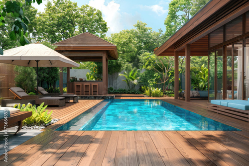 Modern home outdoor area with wooden deck, gazebo and pool © Kien