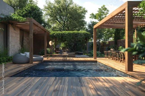 Modern home outdoor area with wooden deck, gazebo and pool