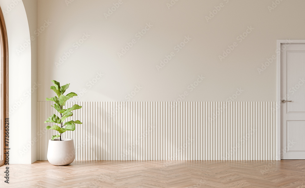 Obraz premium Interior empty white wall with Fiddle fig plant, wooden herringbone parquet floor, 3D illustration.