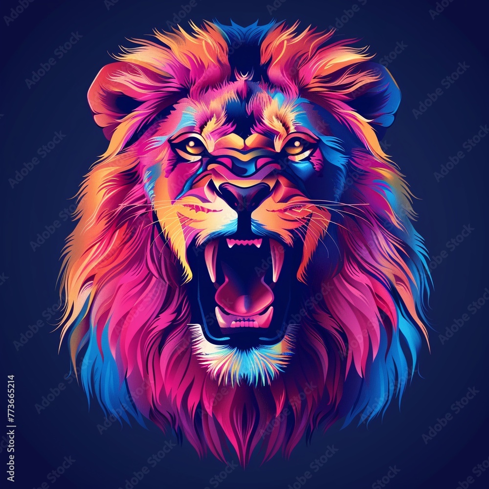 Polygon style roaring lion head, vibrant high tone colors, front view, powerful and vivid