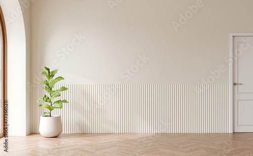 Interior empty white wall with Fiddle fig plant, wooden herringbone parquet floor, 3D illustration.