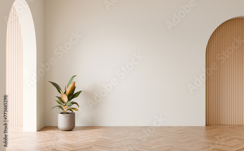 Blank white wall with rubber tree plant, Wood cladding panel, Wood herringbone parquet floor, 3D illustration.