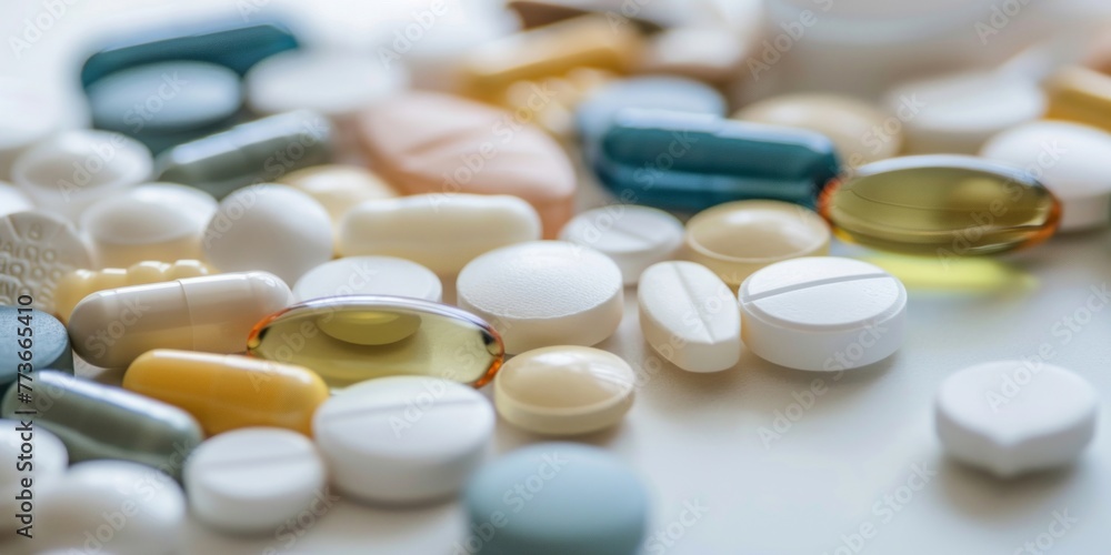 A close-up view of a variety of prescription pills scattered across a table A close-up view of a variety of prescription pills scattered across a table