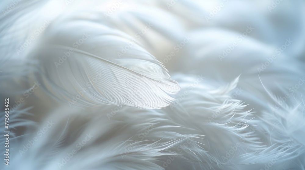 A detailed view of a single white feather resting on a soft blue background A detailed view of a single white feather resting on a soft blue background