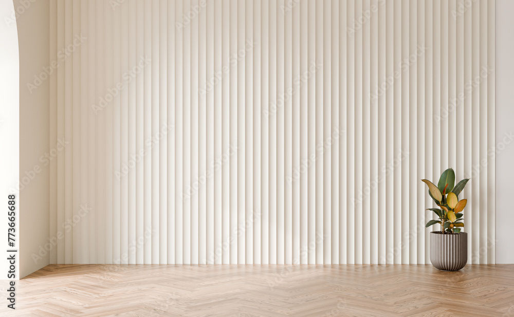 White cladding panel wall with rubber tree plant, Wood floor, Interior 3d illustration. - obrazy, fototapety, plakaty 