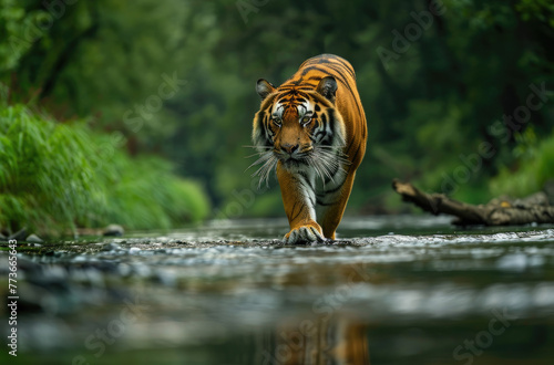 A Siberian tiger is walking in the river
