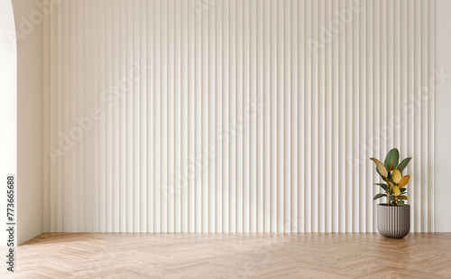 White cladding panel wall with rubber tree plant, Wood floor, Interior 3d illustration.