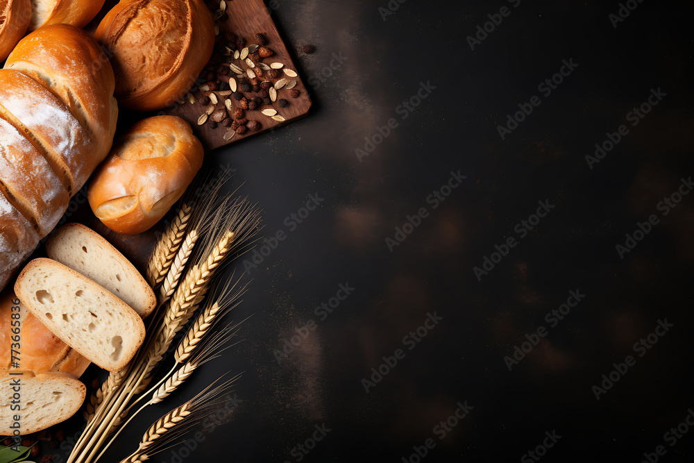 An elegant spread of various breads and baked treats, highlighted by the contrast against a dark, textured surface. Generative AI An elegant spread of various breads and baked treats, highlighted by the contrast against a dark, textured surface. Generative AI