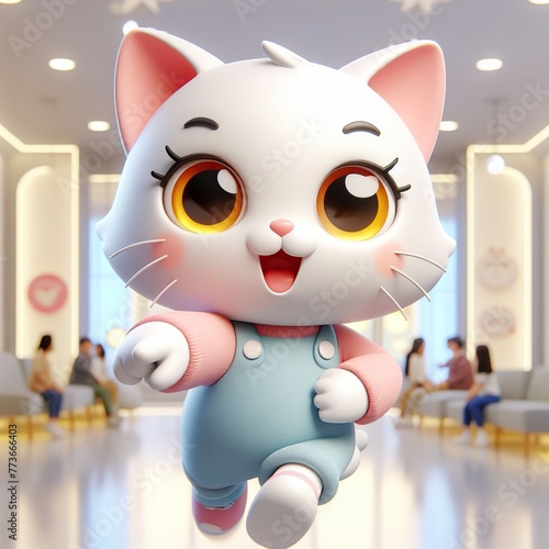 White kitten in blue pants on the background of the room, steps, animated image, 3D
