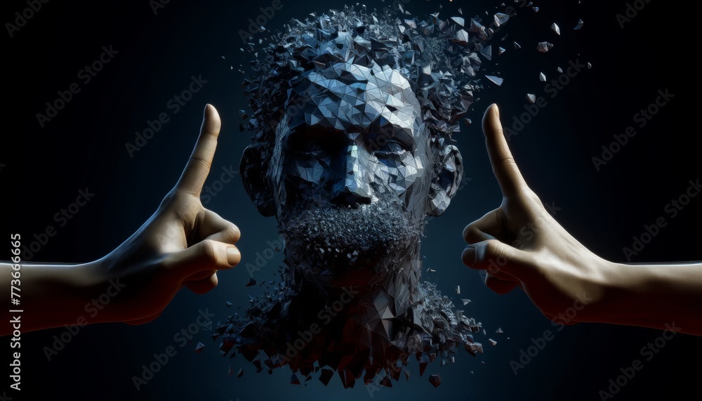 A digital concept portraying hands pulling apart a shattering human face, symbolizing psychological breakdown or identity crisis in a surreal and artistic representation