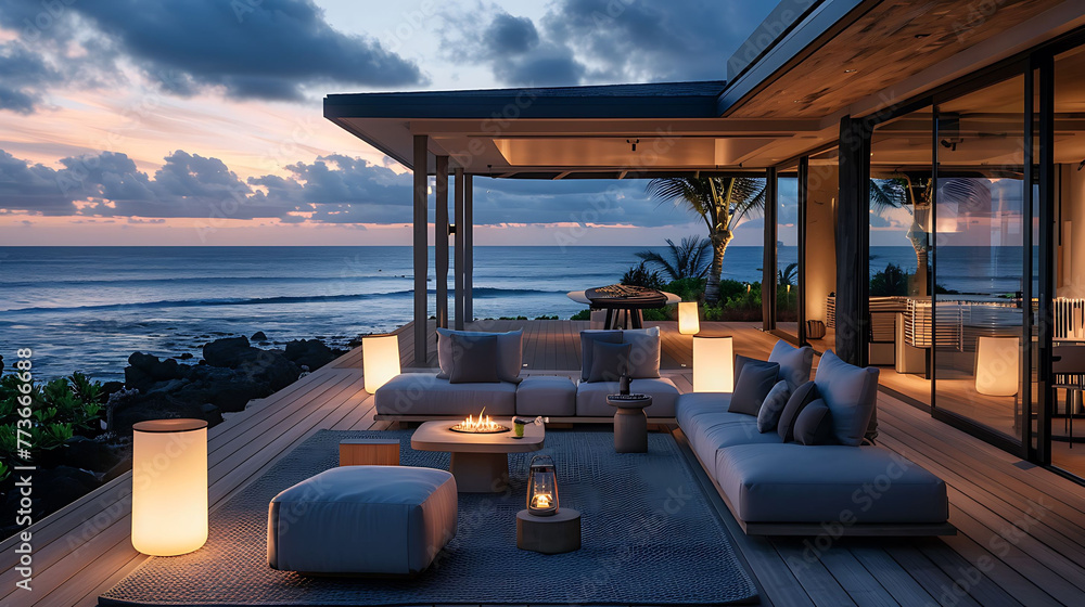 Fototapeta premium Relaxing Beachside Retreat: Stylish Patio with Warm Lighting and Ocean Vista