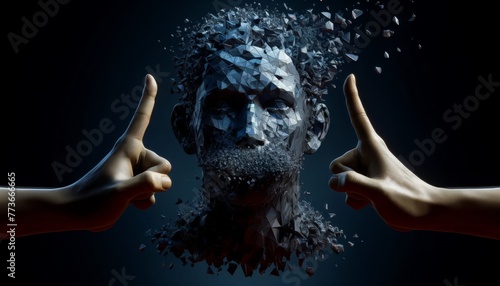 A digital concept portraying hands pulling apart a shattering human face  symbolizing psychological breakdown or identity crisis in a surreal and artistic representation