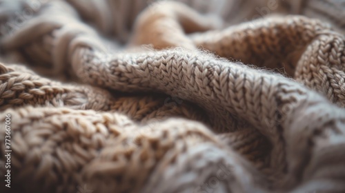 Close-up of a cozy, knitted blanket with intricate patterns showcasing warm, earthy tones and a soft, textured appearance.