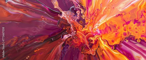 A burst of fiery orange and fuchsia erupts, creating an abstract spectacle of vivid liquid artistry."