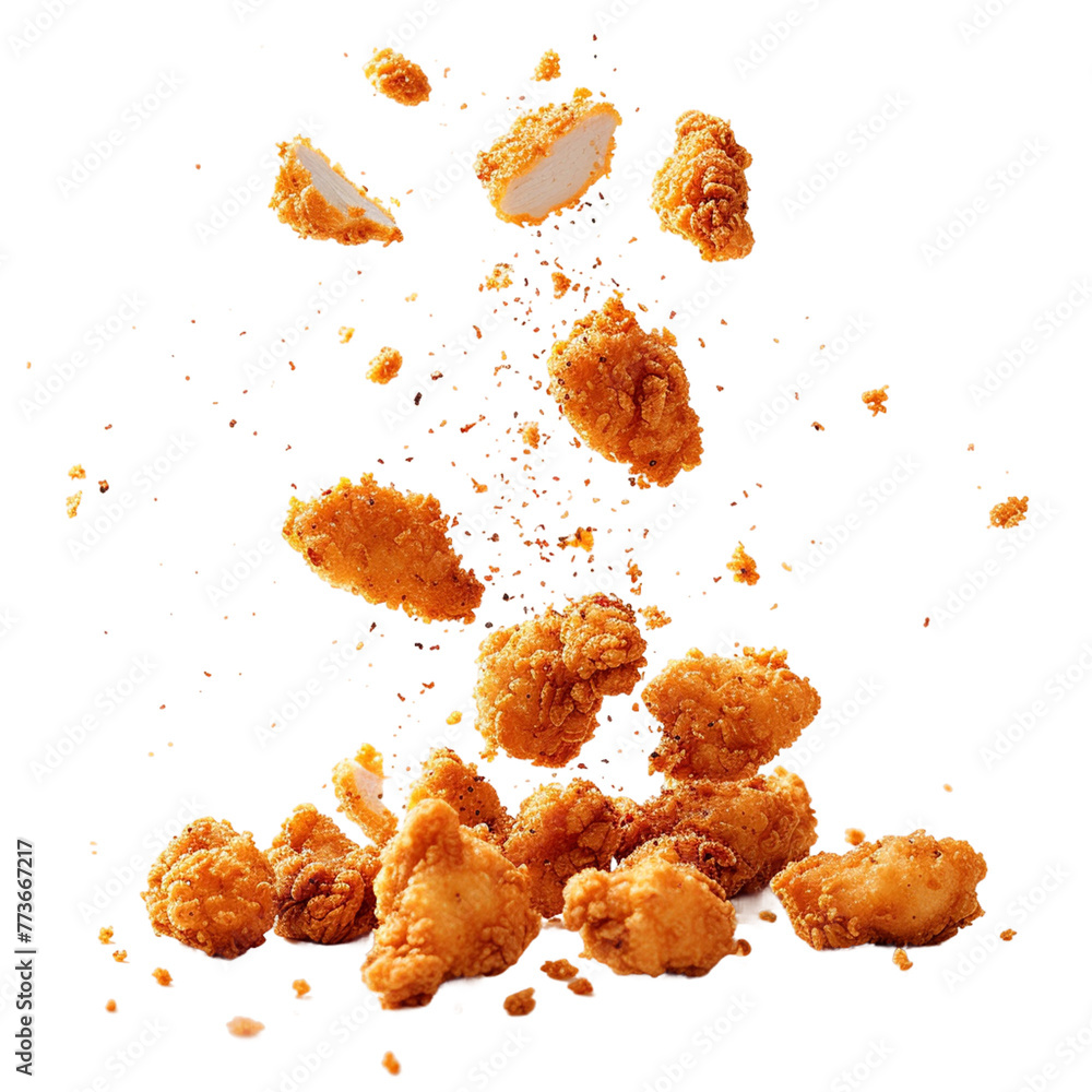 Fried chicken nuggets with crumbs falling.
Fried chicken nuggets with crumbs falling.