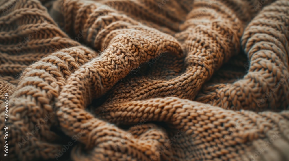 Close-up of a cozy, textured beige knitted blanket with intricate patterns, invoking warmth and comfort. Close-up of a cozy, textured beige knitted blanket with intricate patterns, invoking warmth and comfort.
