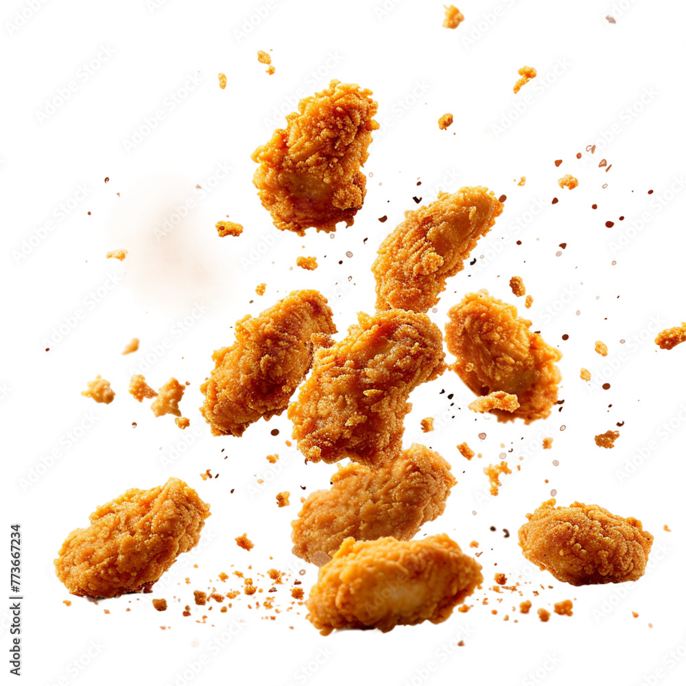 Fried chicken nuggets with crumbs falling.
Fried chicken nuggets with crumbs falling.