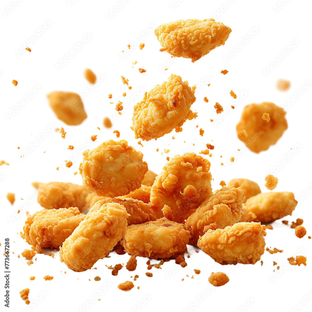 Fried chicken nuggets with crumbs falling.
Fried chicken nuggets with crumbs falling.
