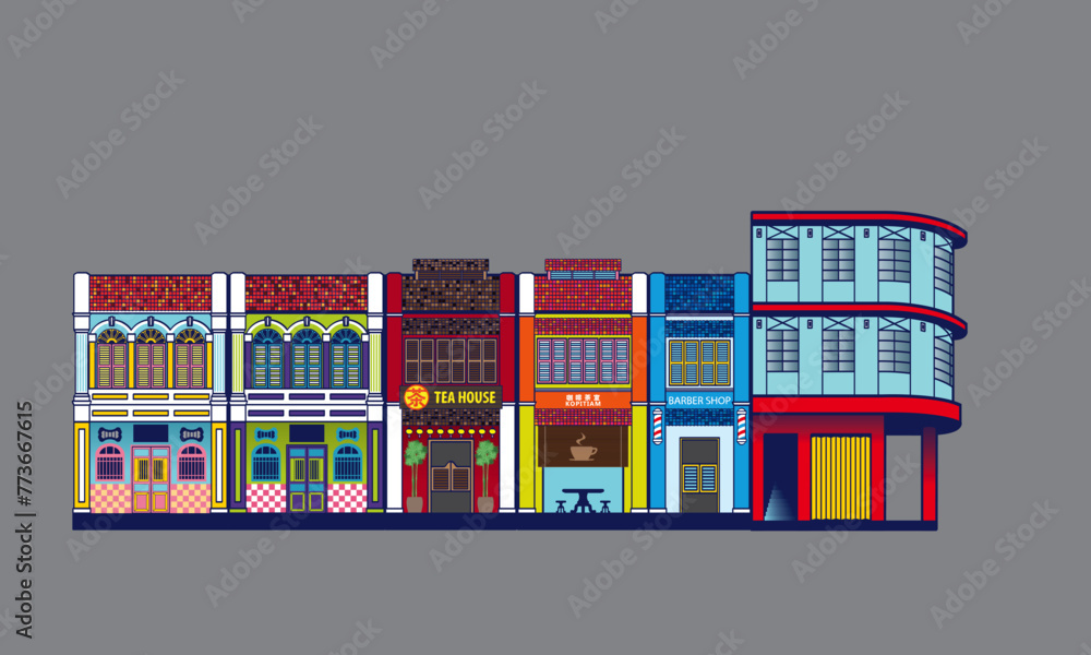 Colorful historical colonial style shop houses street. Vector, with plain color background. Chinese words meaning (from left): tea, coffee shop.