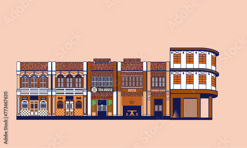 Historical colonial style shop houses street in nostlagia colour scheme.  Vector, with plain colour background. Chinese words meaning (from left): tea, coffee shop.