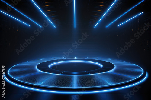 Futuristic scene and showcase room with blue purple circle neon podium and a round neon lamp. 3D space with empty stage. Dark Futuristic room with podium, light effect, glare, reflection and glow. 