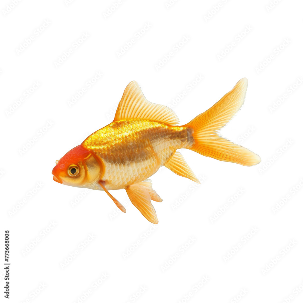 Photo of Golden goldfish on white background, side view, isolated with no shadows, white background Photo of Golden goldfish on white background, side view, isolated with no shadows, white background