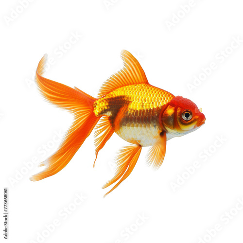 Photo of Golden goldfish on white background, side view, isolated with no shadows, white background