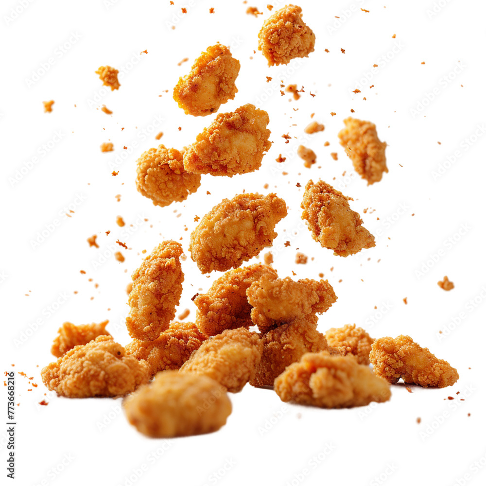 Fried chicken nuggets with crumbs falling.
Fried chicken nuggets with crumbs falling.