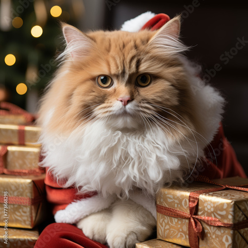 Santa Cat with Christmas Gifts