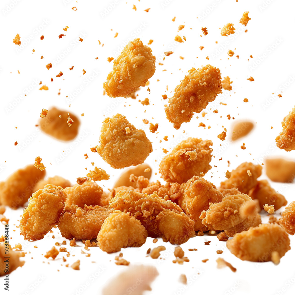 Fried chicken nuggets with crumbs falling.
Fried chicken nuggets with crumbs falling.