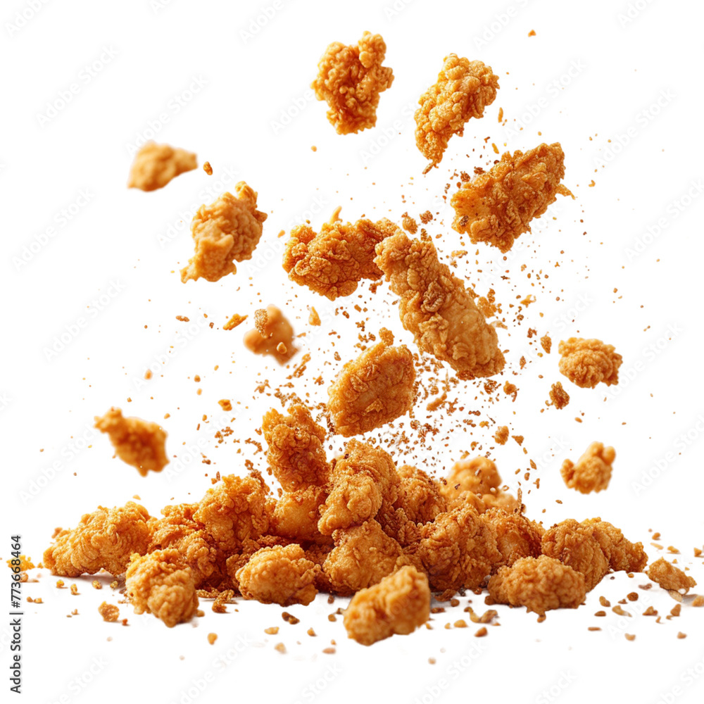 Fried chicken nuggets with crumbs falling.
