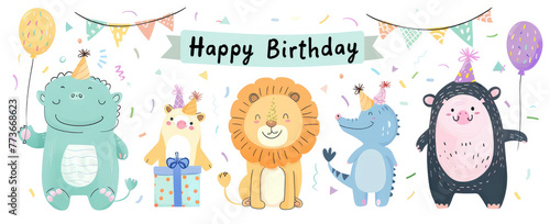 Set of cute cartoon animals with birthday gifts, balloons and text "Happy Birthday" on white background.