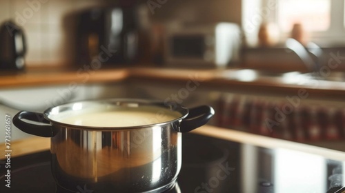 A pot filled with soup placed on top of a stovetop