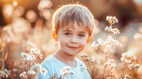 A young boy is standing among a vibrant field of colorful flowers, looking curious and delighted © tashechka