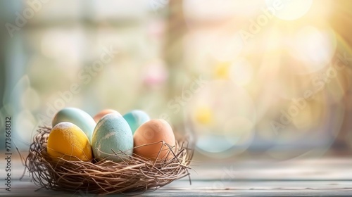 Colorful Easter eggs are nested on top of a wooden table by a sunlit window