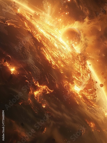Suns proximity to Earth in 6K, symbolizing intense heat wave and global warming, dramatic and fiery