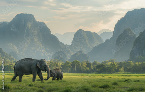 Two elephants in the grasslands of Sri Lanka. A mother elephant is playing with her baby while standing on lush green vegetation, surrounded by distant mountains and trees