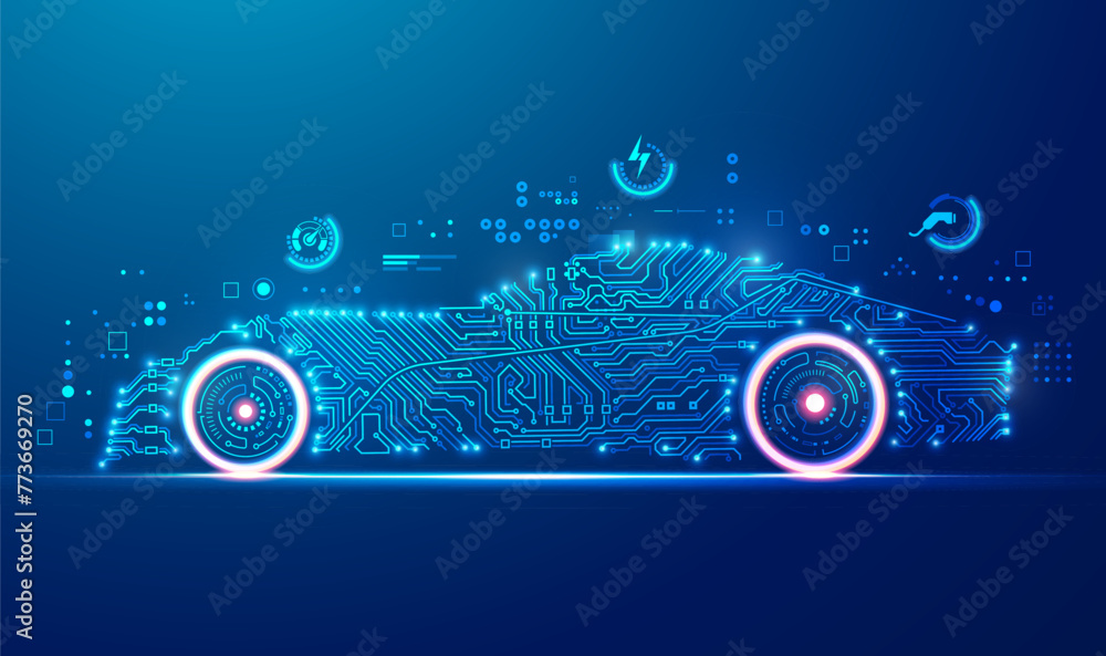Fototapeta premium concept of EV or electronic vehicle, graphic of car shape combined with electronic pattern