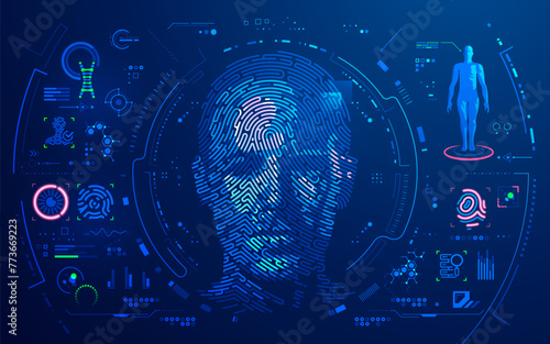 concept of digital forensic or biometrics, graphic of man face combined with fingerprint pattern and futuristic interface