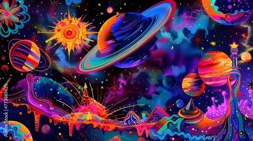 Vibrant Psychedelic Space and Planets Wallpaper Background
