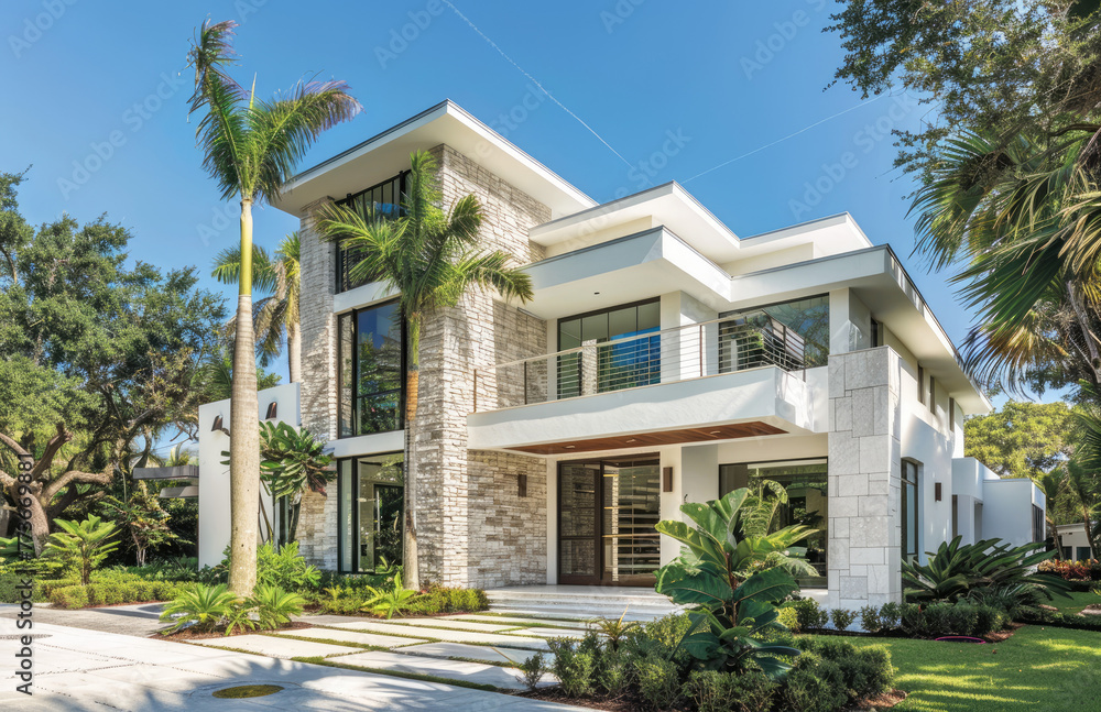 White modern home with stone accents, large front yard and palm trees